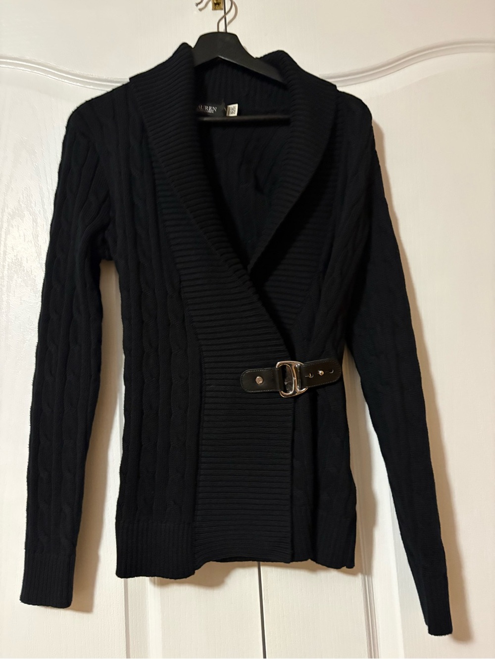 Ralph Lauren Black Cable Knit Shawl Collar Cardigan with Buckle